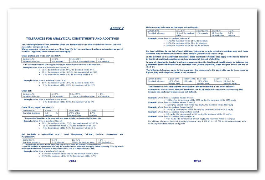 Pages 39 et 40 du code de la FEDIAF montrant les tolerances pour les constituants analytiques et additifs.