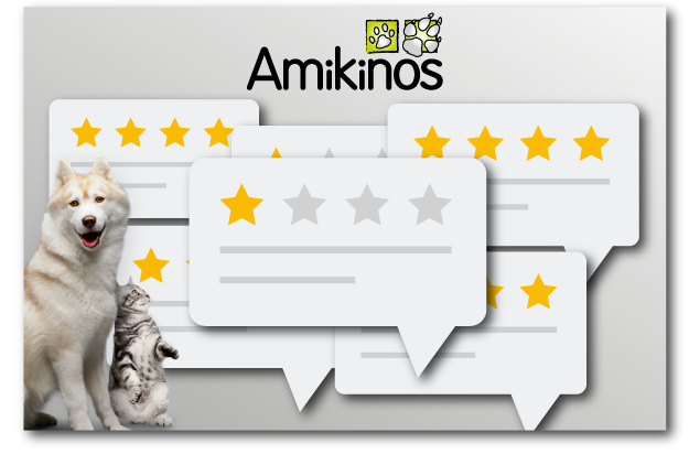 Illustration montrant des avis négatifs des croquettes Amikinos avec une étoile sur 5.
