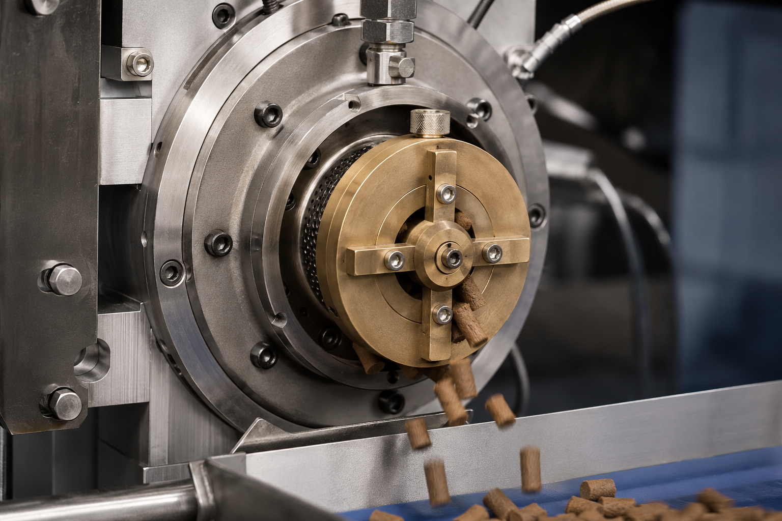 Photo d'une filière qui découpe les croquettes en fin de procédé d'extrusion.