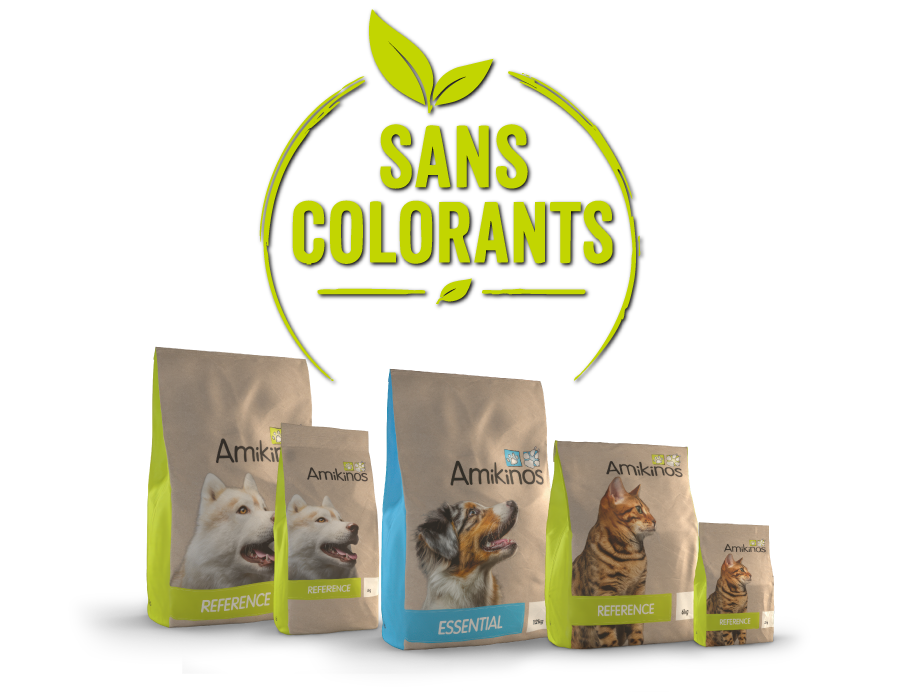 Illustration montrant que toutes les croquettes Amikinos sont sans colorants